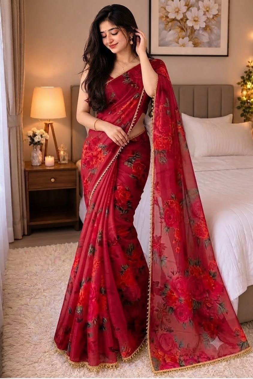 লাল ফুলেল প্রিন্ট শাড়ি